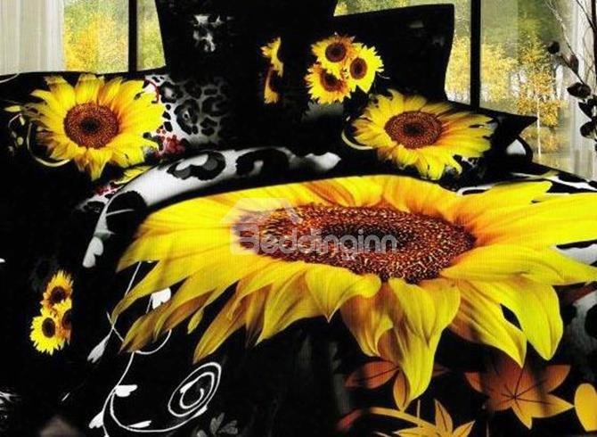 3d Sunflower Leopard Printed Cotton 4-piece Black Bedding Sets/duvet Cover
