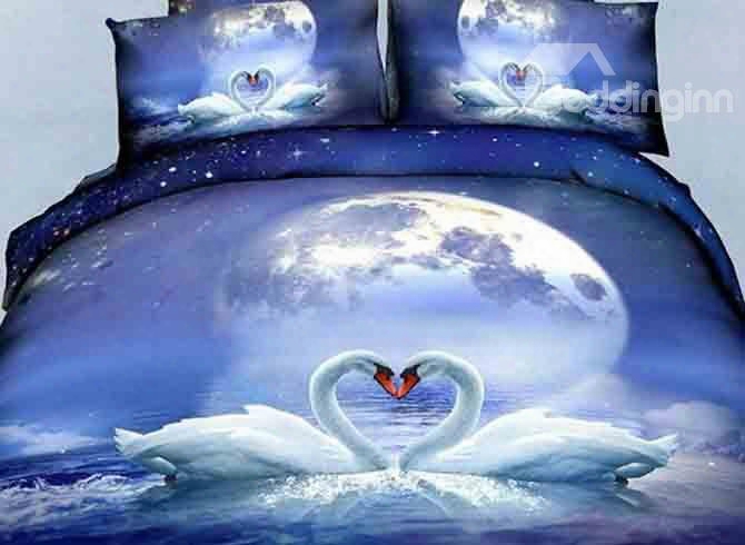 3d Swan Couple And The Moon Printed Cotton 4-piece Bedding Sets/duvet Covers