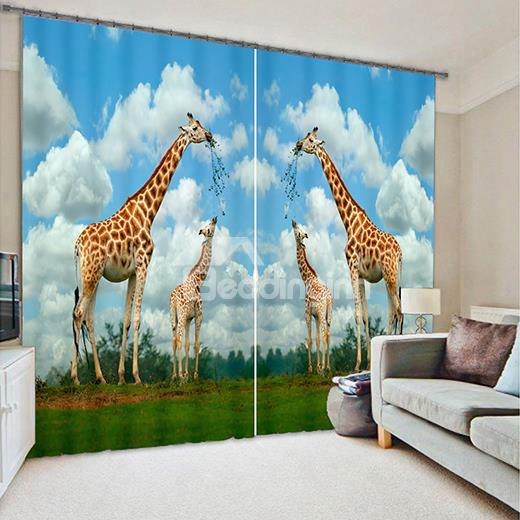 3d Symmetrical Giraffes Printed Thick Polyester Vivid Scenery 2 Panels Shading Curtain