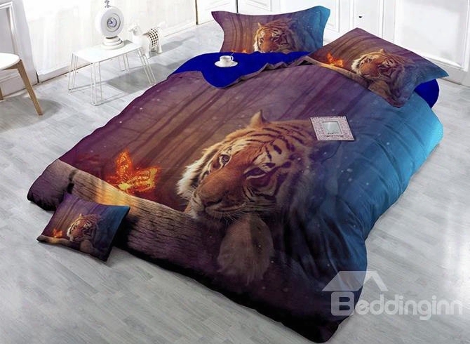 3d Tiger Watching Butterfly Printed Cotton 4--piece Bedding Sets/duvet Cover