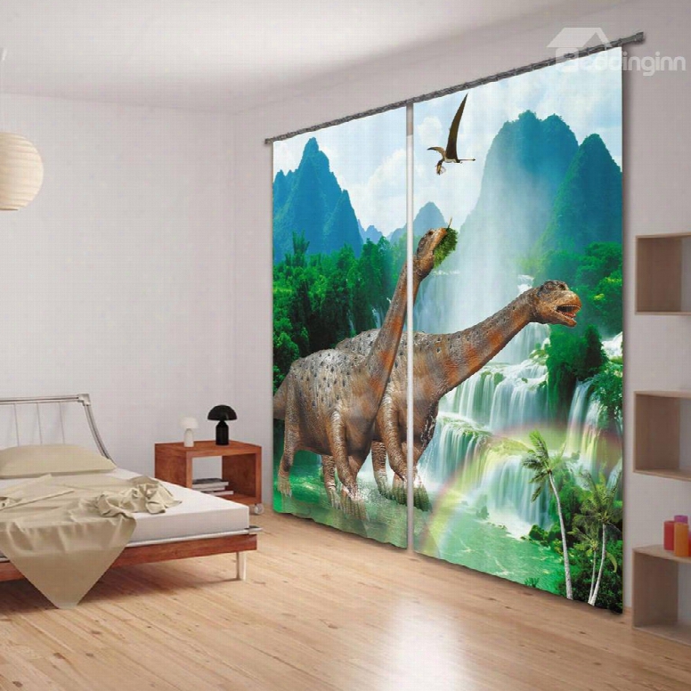 3d Two Dinosaurs Printed Thick Polyester Animals Style 2 Panels Decorative Custom Curtain