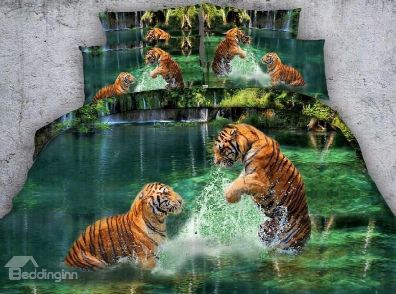 3d Two Tigers Playing In Water Printed 5-piece Comforter Sets