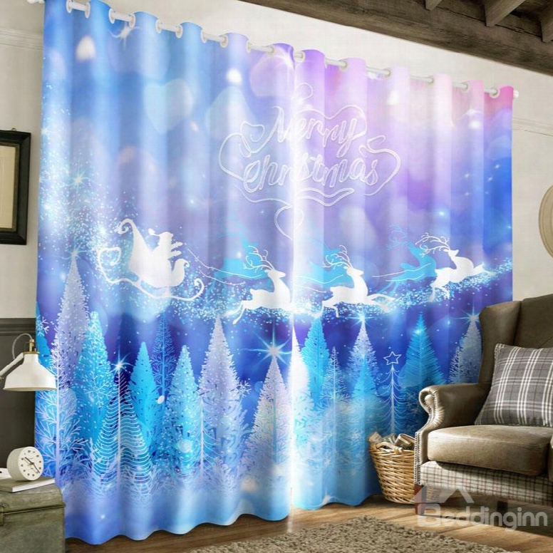 3d White Cedars And Cartoon Deer Printed 2 Panels Polyester Custom Curtain