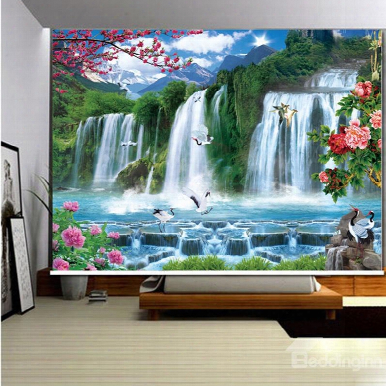 3d White Cranes Flying In The Lake And Mountains Printed Blackout Roller Shades