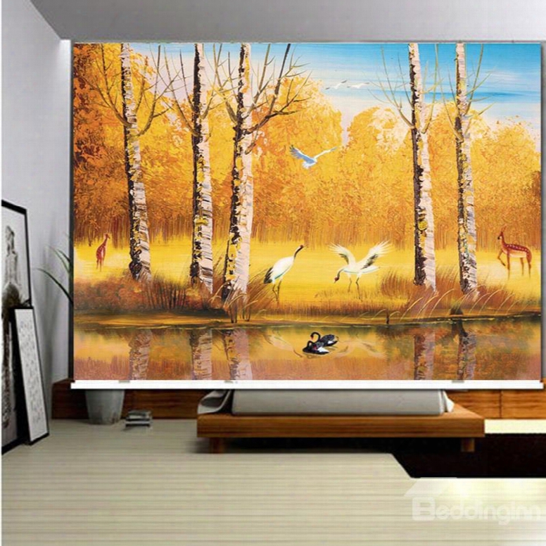 3d Write Cranes And Lovebirds With Trees And River Printed Roller Shades