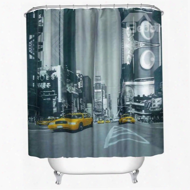 3d Yellow Car At Street Printed Polyester Gray Bathroom Shower Curtain