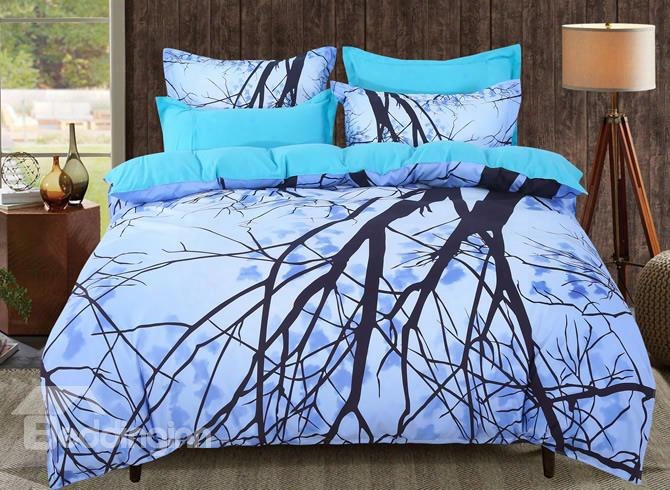 Adorila 60s Brocade Dreamy Light Blue Withered Tree Branches 4-piece Cotton Bedding Sets