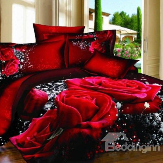Alluring Red Rose Print 100% Cotton 3d Duvet Cover