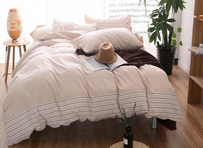 Beige Stripe Print Modern Simple Style Cotton 4-piece Bedding Sets/duvet Cover