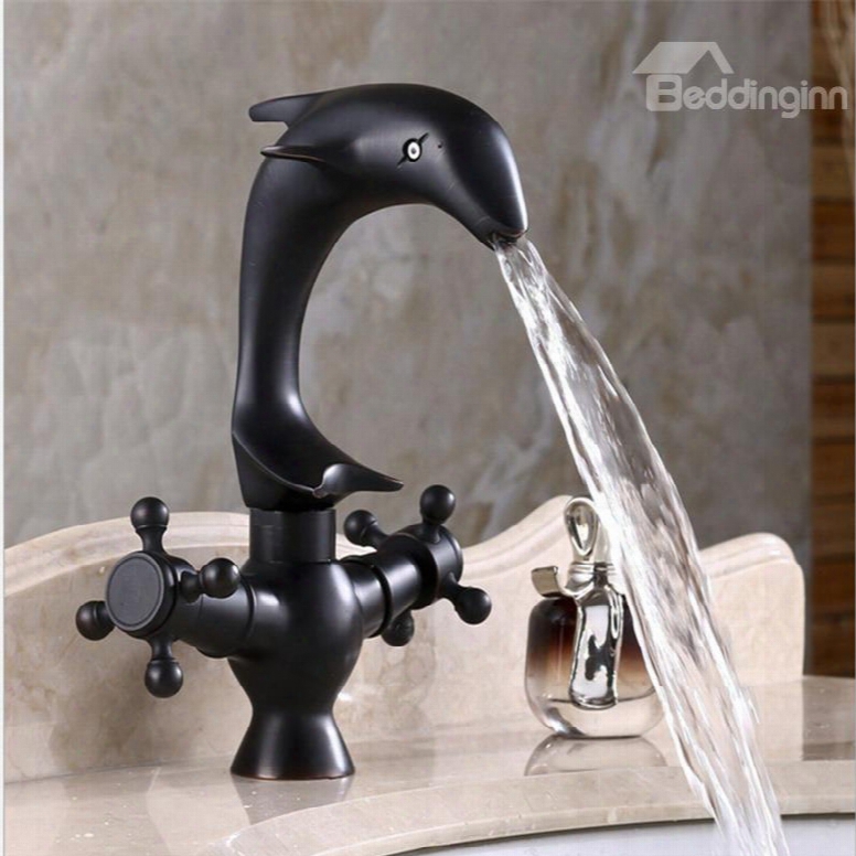 Black Cute Dolphin Shape Hot And Cold Water Chan Ging Bathroom Sink Faucet