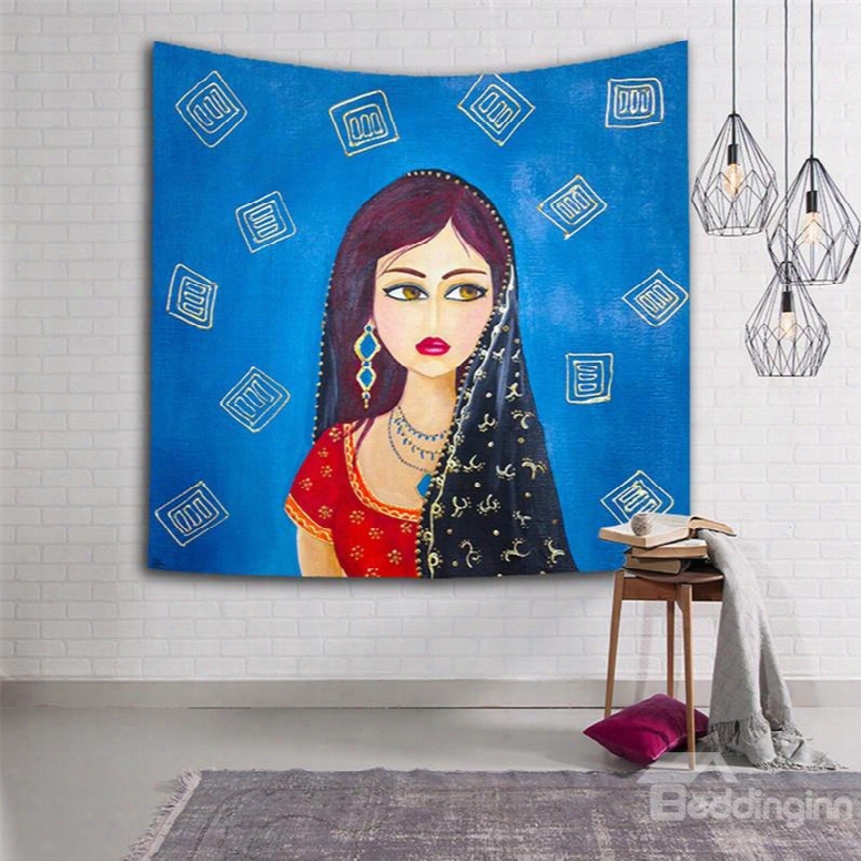 Black Hair Girl Squinting Blue Ethnic Style Hanging Wall Tapestries