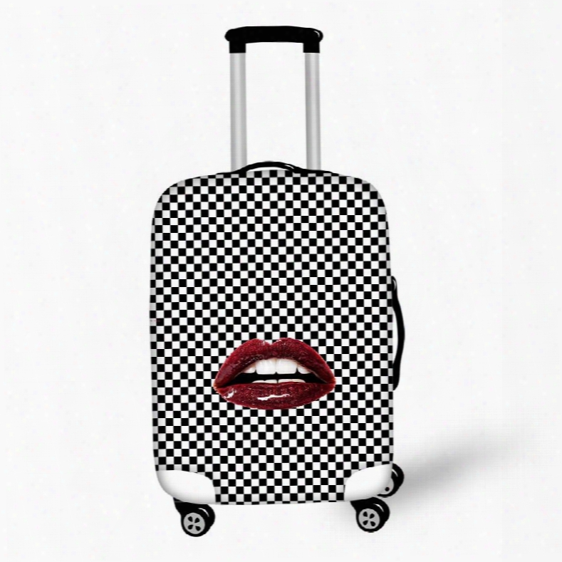 Black White Grid Dark Red Lips Perssonality Washable Spandex 3d Printed Luggage Cover