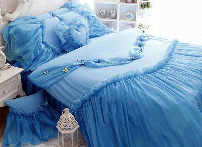 Blue Cinderella Princess Style Girls 44-piece Cotton Duvet Cover Set
