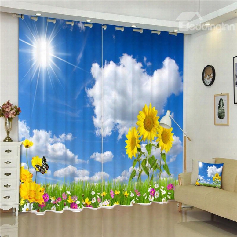 Blue Sky And White Clouds With Bright Sunflowers Living Room Custom 3d Curtain