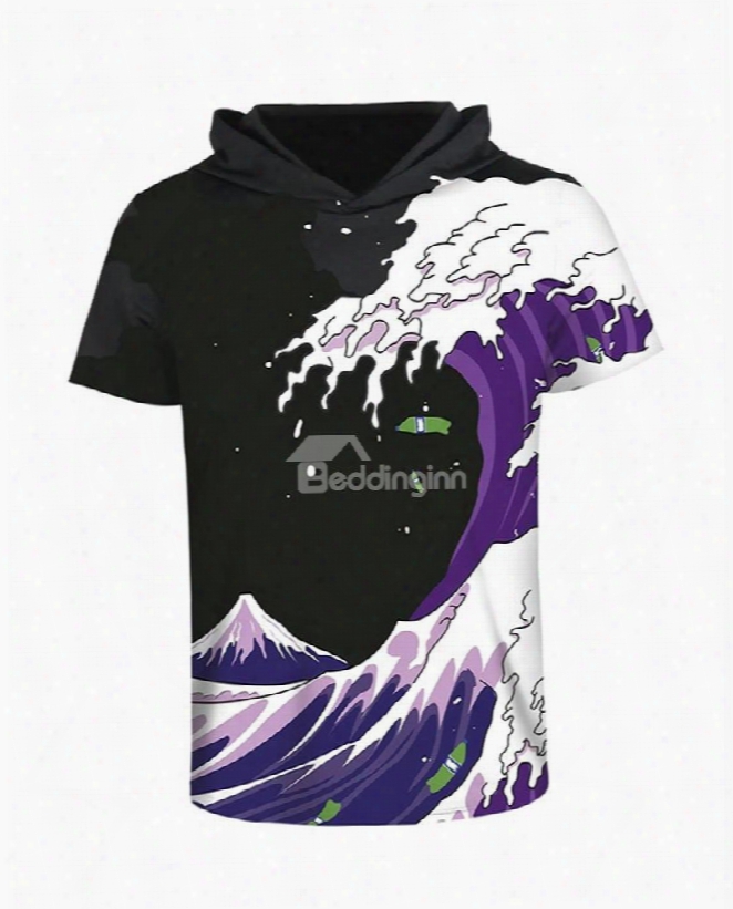 Blue Waves And Sea 3d Printd Short Sleeve For Men Hooded T-shirt