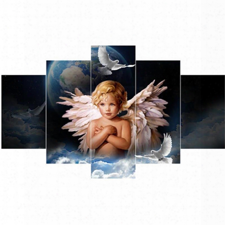 Boy With Wings And Planet Hanging 5-piece Canvas Eco-friendly And Waterpoof Non-framed Prints