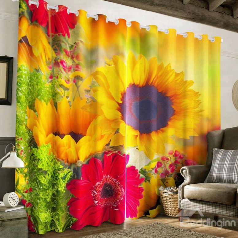Bright Colorful Peonies Printed 2 Panels Grommet Top Curtain For Living Room