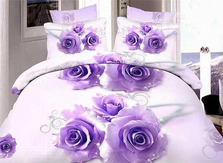 Brilliant Purple Rose Print 4-piece Duvet Cover Sets