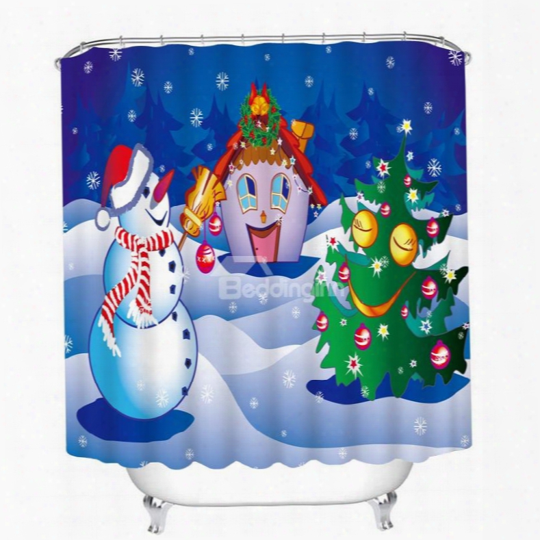 Cartoon Snowman Playing With Christmas Tree And Cabin Printing Christmas Theme 3d Shower Curtain