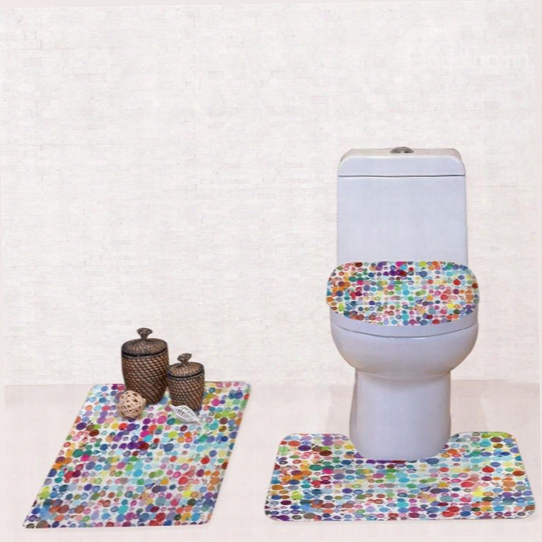 Colored Circles Pattern 3-piece Flannel Pvc Soft Water-absorption Anti-slid Toilet Seat Covers