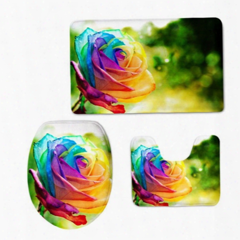 Colored Flowers Pattern 3-piece Flannel Pvc Soft Water-absorption Anti-slid Toilet Seat Covers