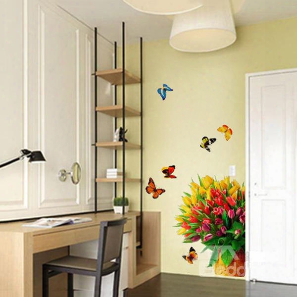 Colorful Bunch Of Tulips And Butterfly Removable Wall Stickers