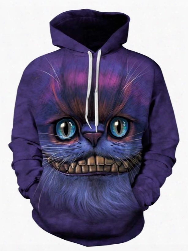 Cool Long Sleeve Creative Cat Face Pattern Pocket 3d Painted Hoodie