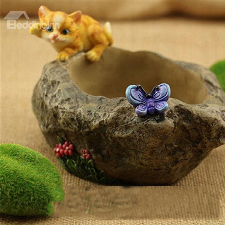 Corrosion Resistance Stone Imitation Resin Kitty And Butterfly Plant Pot