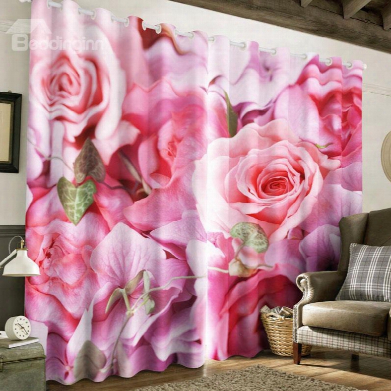 Cozy And Romantic Style Pink Roses Printed Custom 2 Panels Living Room Curtain