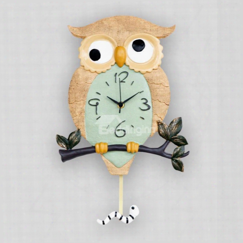 Cute Resin Owl Standing On The Branch Design Mute Decorative Wall Clock