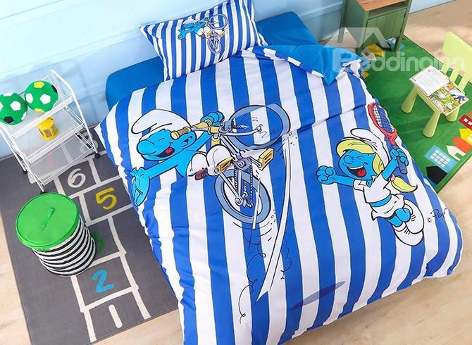Cyclist Smurf Blue And White Striped Twin 3-piece Kids Bedding Sets