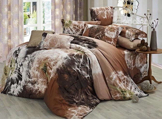 Dandelion Print Brown Cotton 4-piece Bedding Sets/duvet Covers