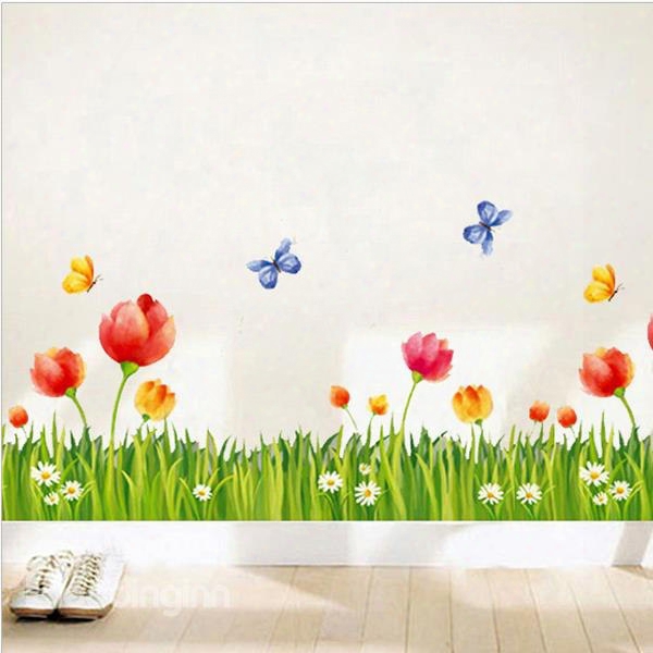 Decorative Green Grass And Red Flowers With Butterfly Skirting Line Removable Wall Stickers