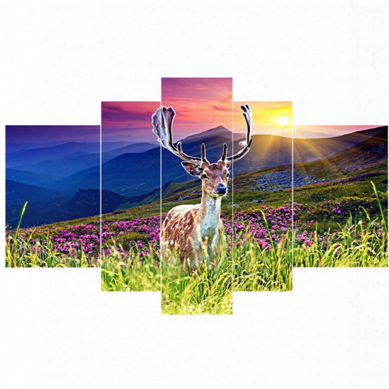 Deer In Flowers Blossom Pattern Death By The Halter 5-piece Canvas Eco-friendly And Waterproof Non-framed Prints
