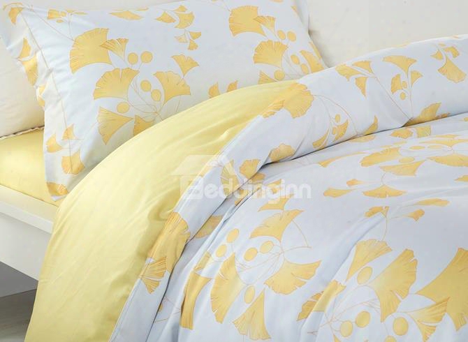 Designer 60s Brocade Autumn Yellow Ginkgo Leaves Pattern White 4-piece Cotton Bedding Sets