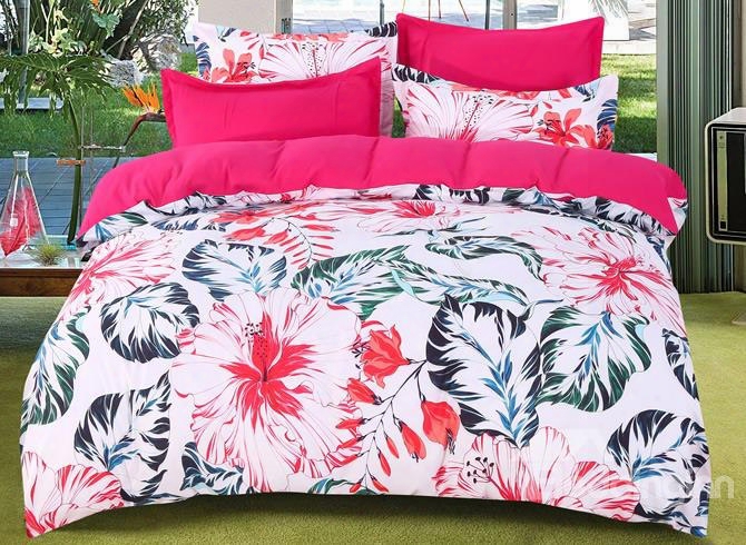 Designer 60s Brocade Blooming Flowers With Green Palm Leaves 4-piece Cotton Bedding Sets