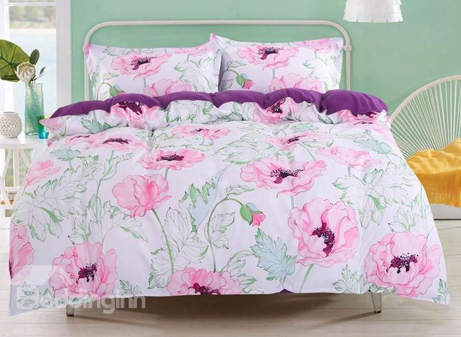 Designer 60s Brocade Romantic Pink Poppy With Green Leaves 4-piece Cotton Bedding Sets