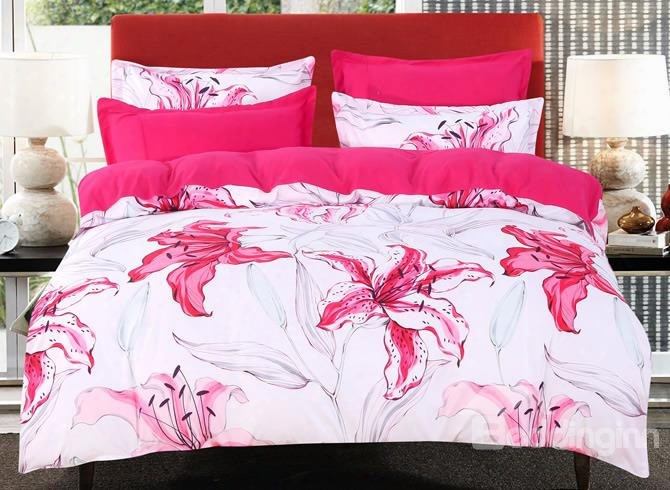 Designer 60s Brocade Rose Red Lily Blooming 4-piece Cotton Bedding Sets/duvet Cover