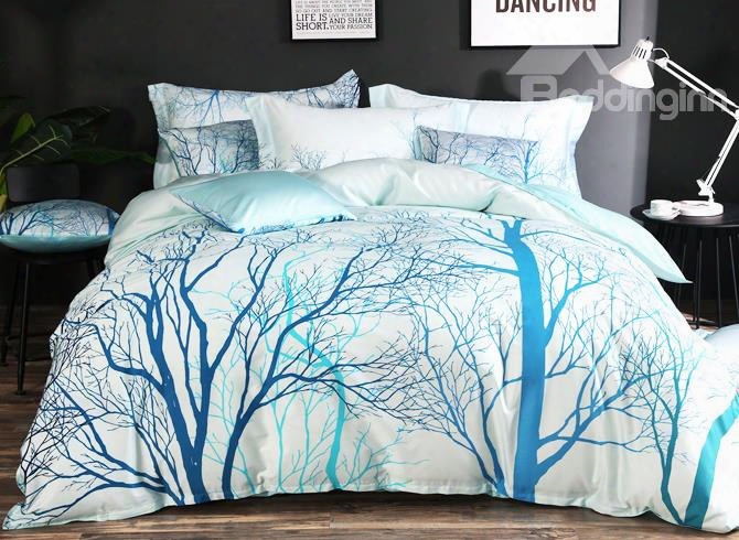 Designer 60s Brocade Trees And Branches Paintin Gpastoral Azure Cotton 4-piece Bedding Sets