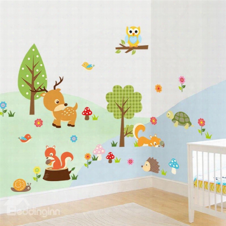 Durable Waterproof Cartoon Animals In Forest Pvc Kids Room Wall Stickers