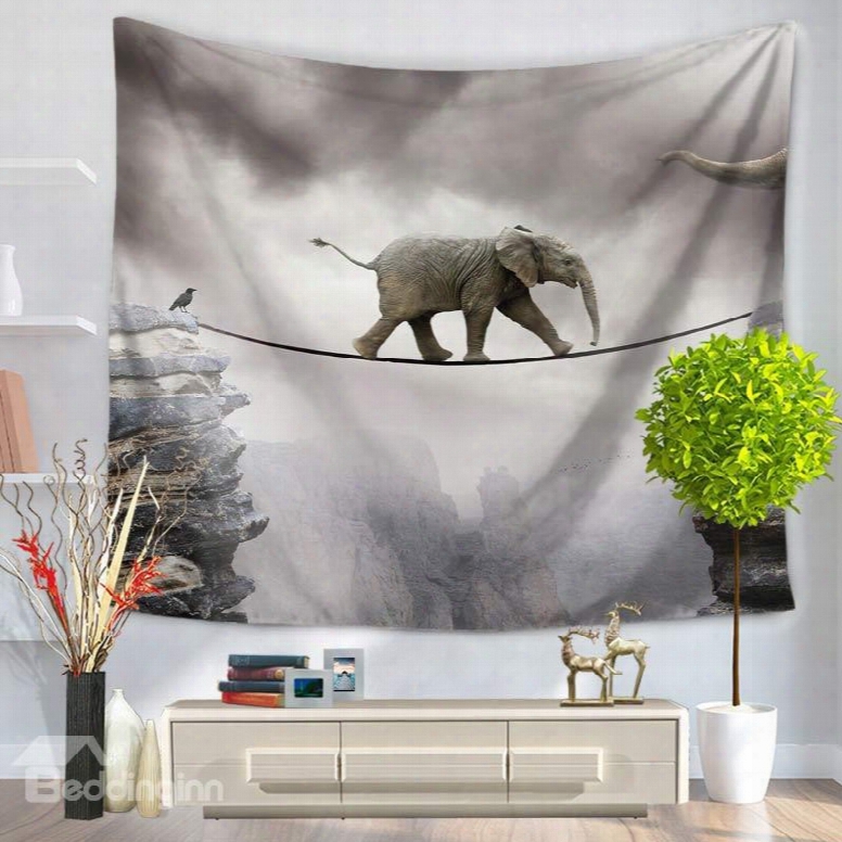 Elephant Across Single Log Bridge Gray Decorative Hanging Wall Tapestry