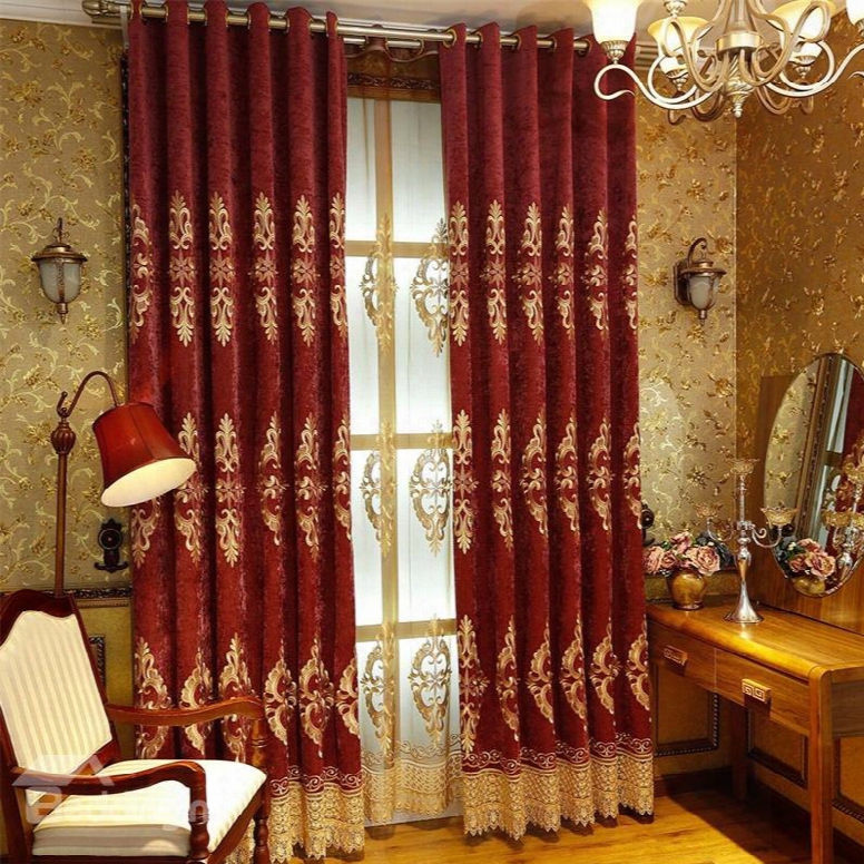 European And Noble Yellow With Embroidered Pattern 2 Panels Living Room Sheer Curtain