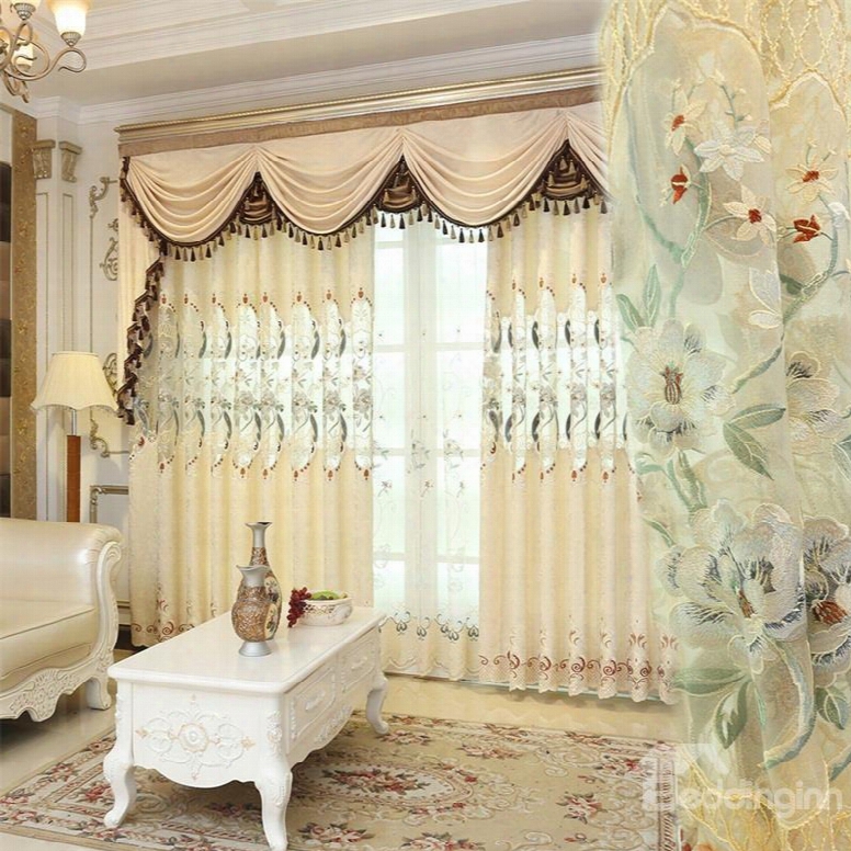 European Elegant Beige Chenille Decorative 2 Panels Living Room Curtain