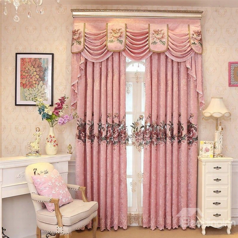 European Romantic Pink Embroidered Flowers 2 Panels Decorative Living Room Window Drape