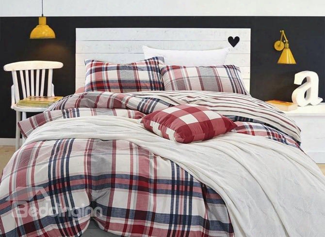 European Style Concise Plaid Print 4-piece Cotton Duvet Cover Sets