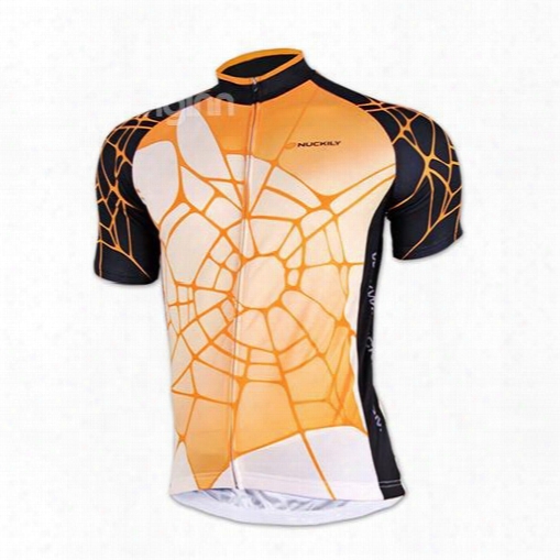 Female Orange Spider Web Breathable Bike Cloth With Full Zipper Quick-dry Cycling Jersey