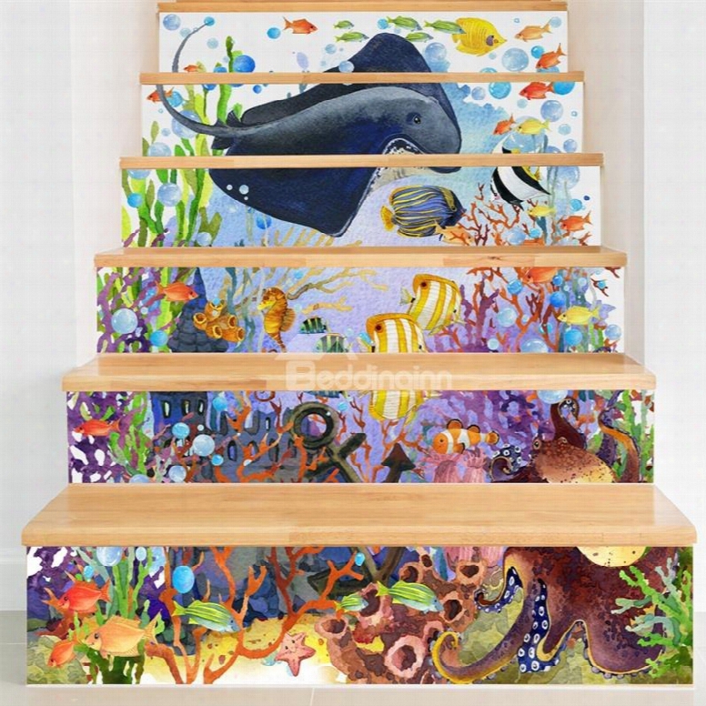 Fishes And Plants Under The Sea 6-piece 3d Pvc Waterproof Stair Mural