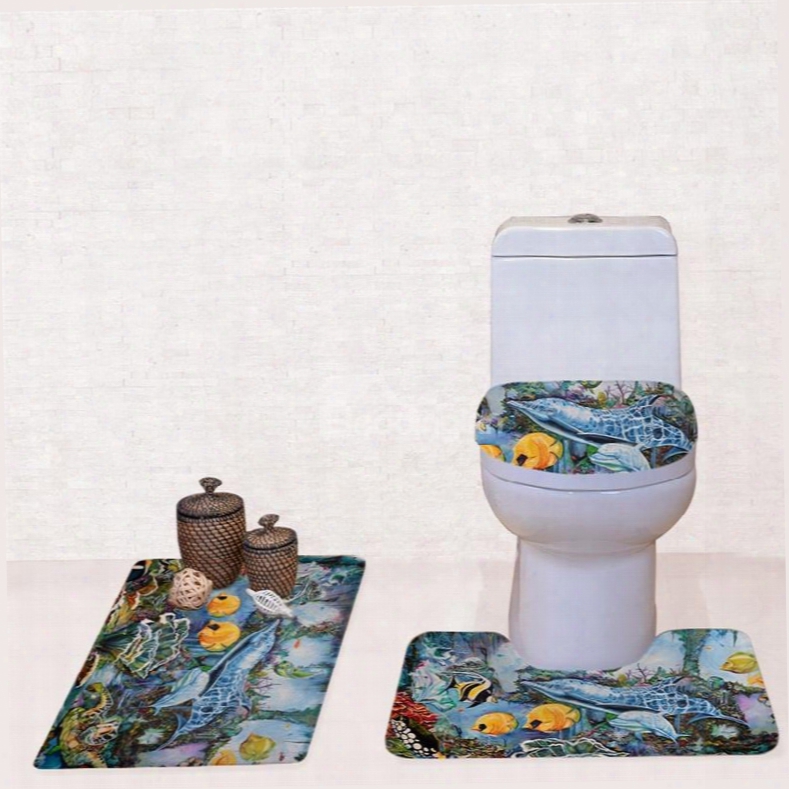 Fishes Pattern 3-piece Flannel Pvc Soft Water-absorption Anti-slid Toilet Seat Covers