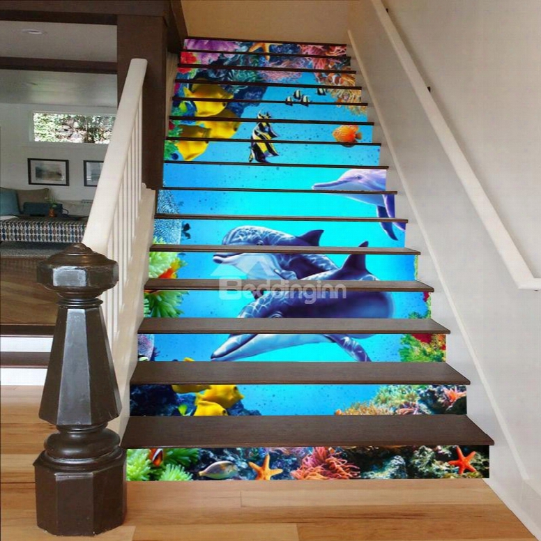 Fishes Plants And Dolphins In Deep Sea 3d Waterproof Stair Murals