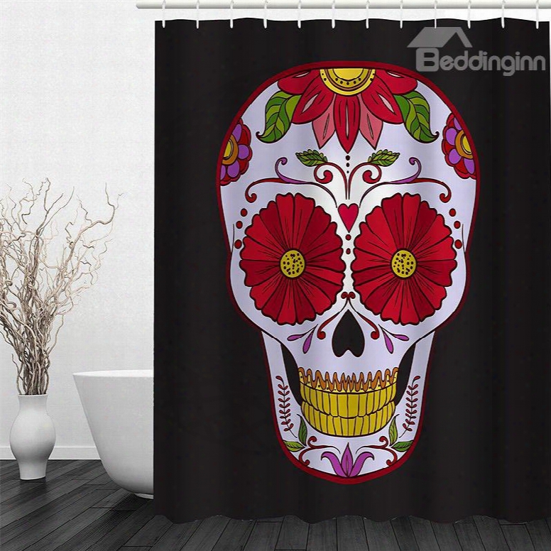 Flower Skull Pattern Polyester Wateprroof And Eco-friendly 3d Black Shower Curtain